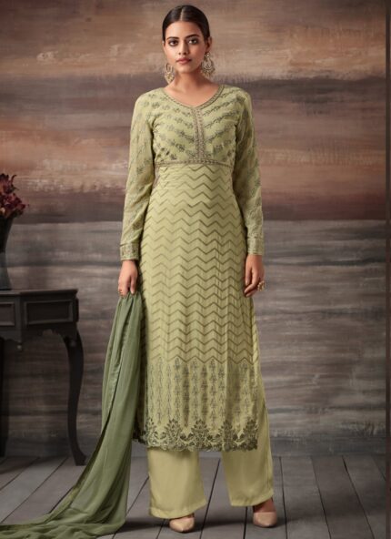 Beige Georgette Embroidered Straight Cut Suit Glamour