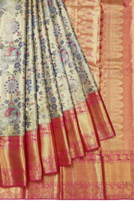 Gold Kanchipuram Silk Saree with Mayil Motifs and Pink Pallu
