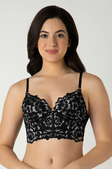 BLACK Femme Lace Padded Non-Wired Longline Bra
