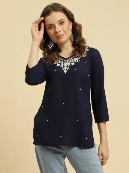 Blue Kashmiri Silk Work Short Kurti