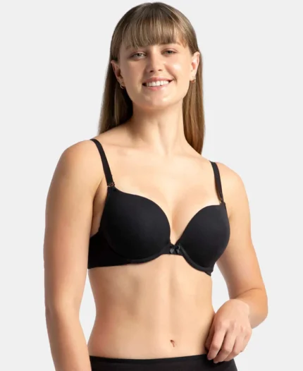Black Padded Wired Super Combed Cotton Elastane Stretch Medium Coverage Pushup Bra