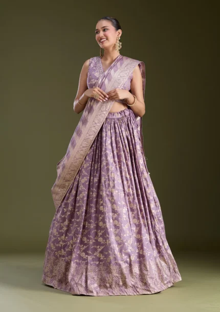 Dark Lavender Sequins Soft Raw Silk Readymade Lehenga