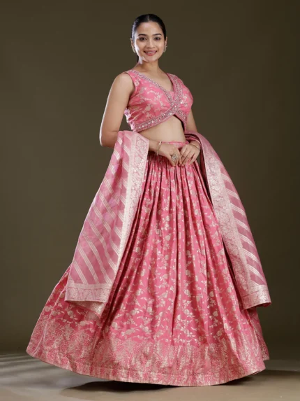 Onion Pink Sequins Soft Raw Silk Readymade Lehenga