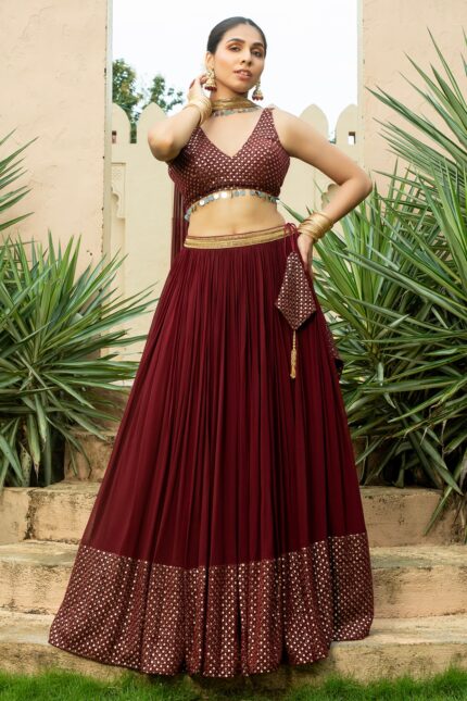 Maroon Georgette Embroidered Lehenga Set