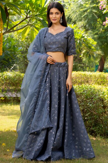 Grey Georgette Mirror Embroidered Lehenga Set