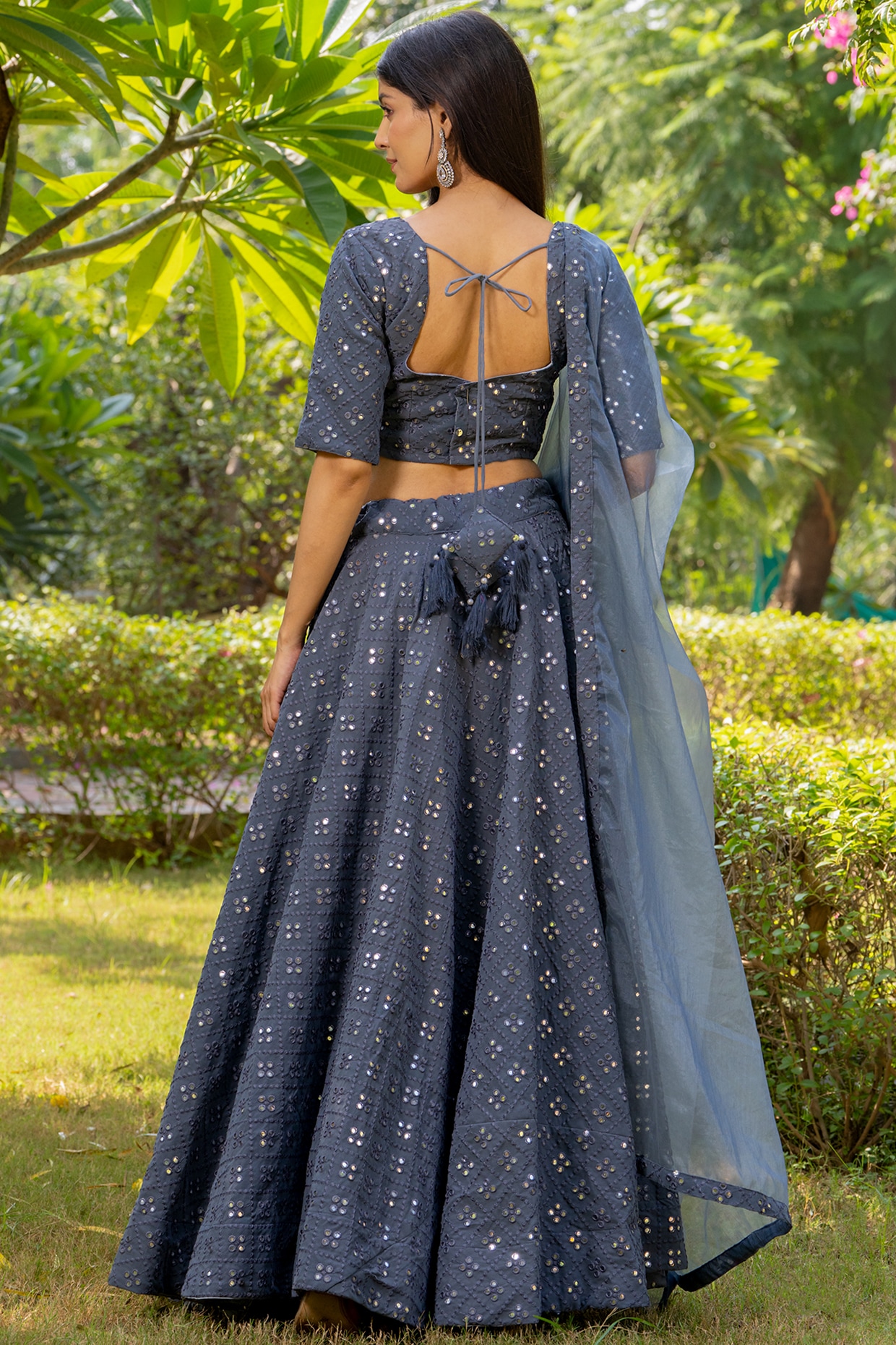 Grey Georgette Mirror Embroidered Lehenga Set - Image 3