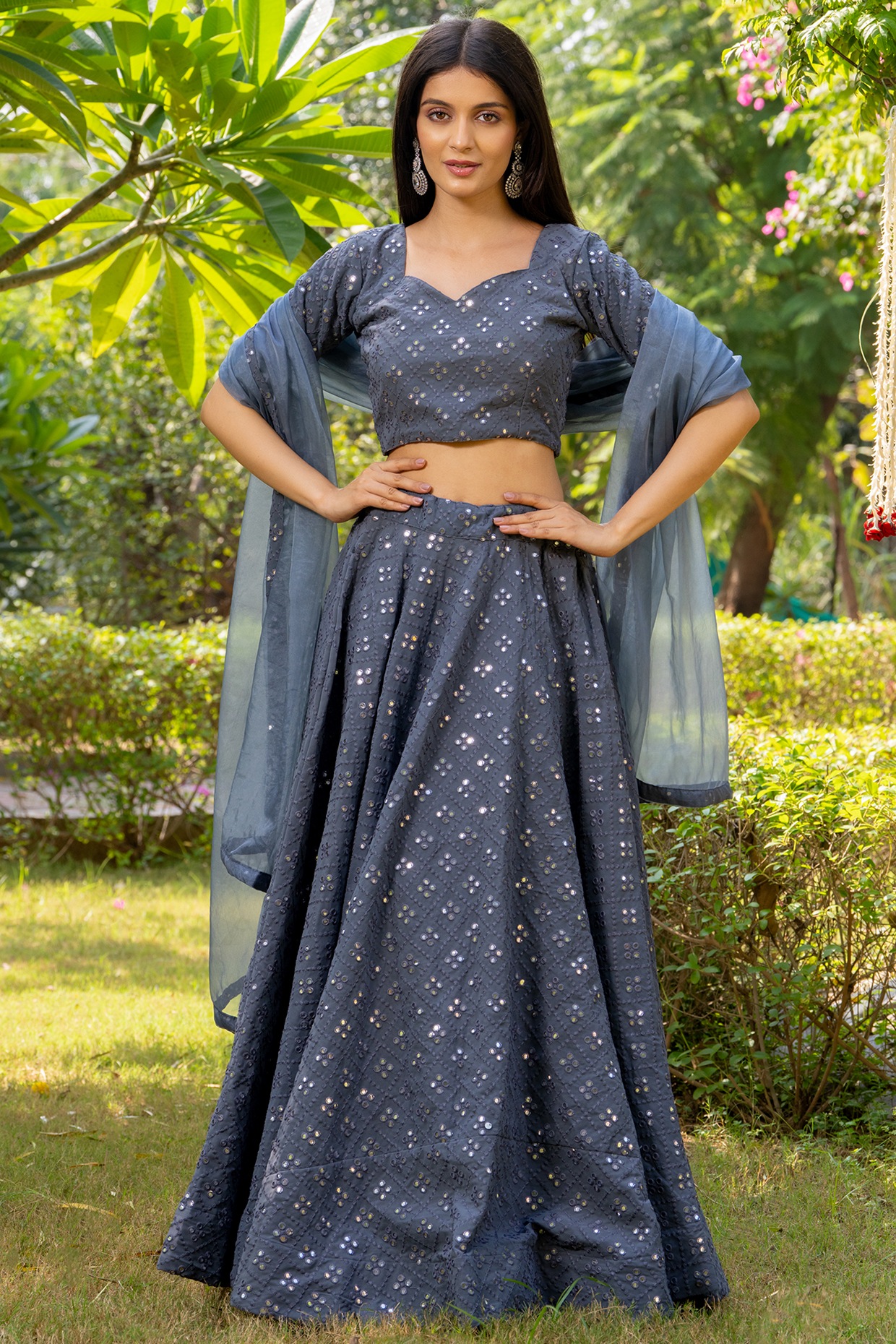 Grey Georgette Mirror Embroidered Lehenga Set - Image 6