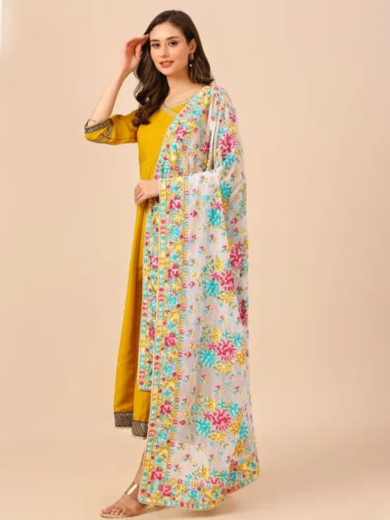 Floral Embroidered White & Multi Georgette Dupatta