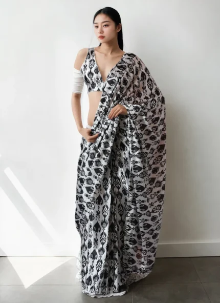 Black Chinon Digital Print Pre Draped Saree After Six Wear