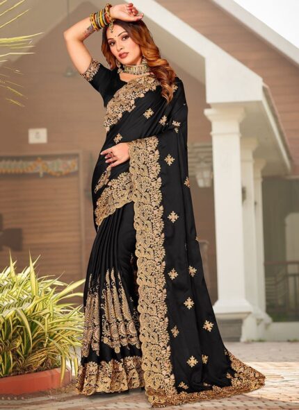 Black Satin Blend Embroidered Saree Party Wear