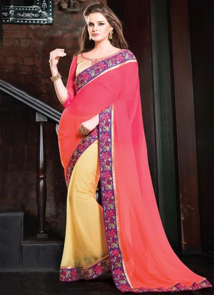 Cream N Pink Half N Half Saree Party Wear