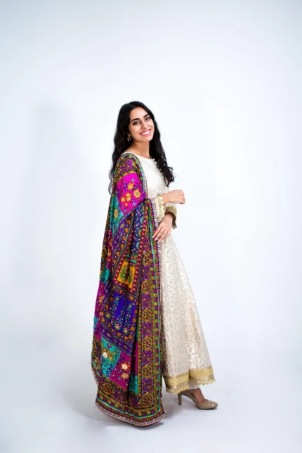 Multicolor Silk Dupatta with Glass Shine | Designer Print silk Indian Dupattas, Phulkari Dupatta, RAJSTHANI Mirror work Dupatta, Chunni