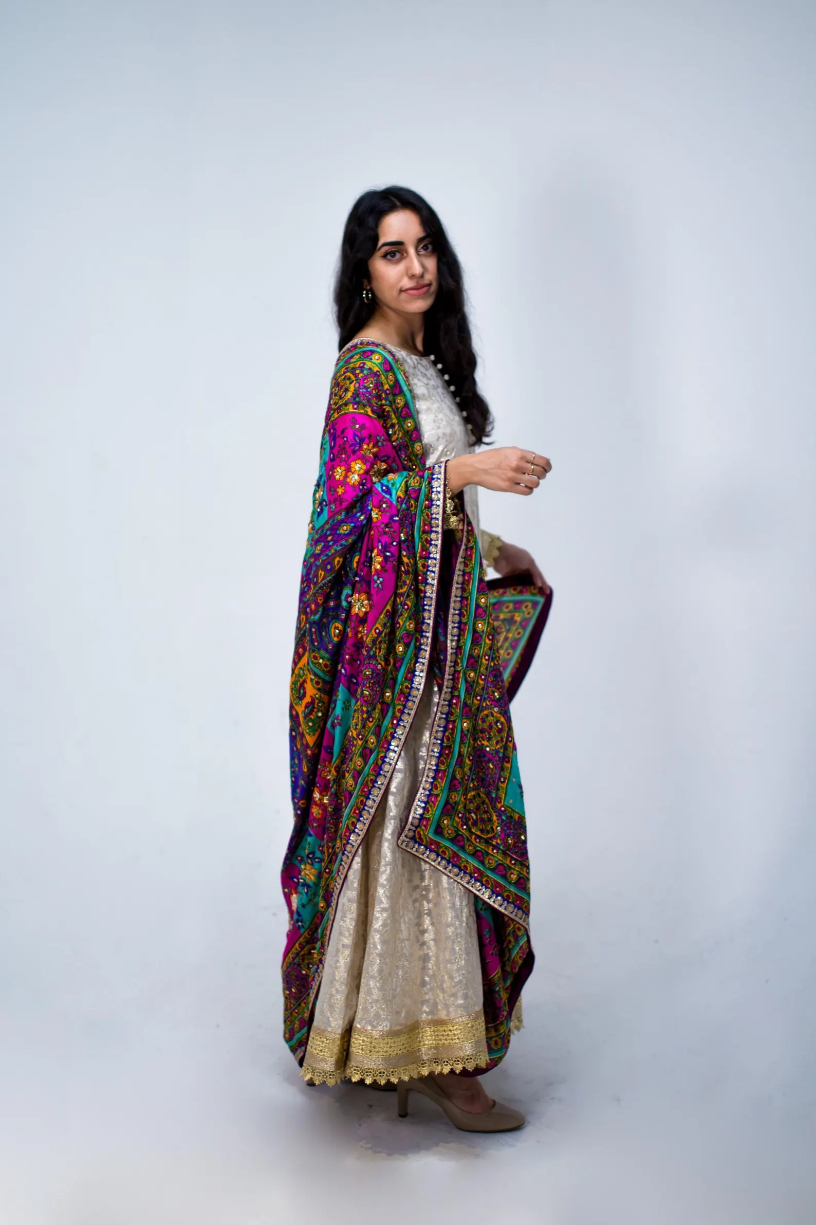Multicolor Silk Dupatta with Glass Shine | Designer Print silk Indian Dupattas, Phulkari Dupatta, RAJSTHANI Mirror work Dupatta, Chunni - Image 4