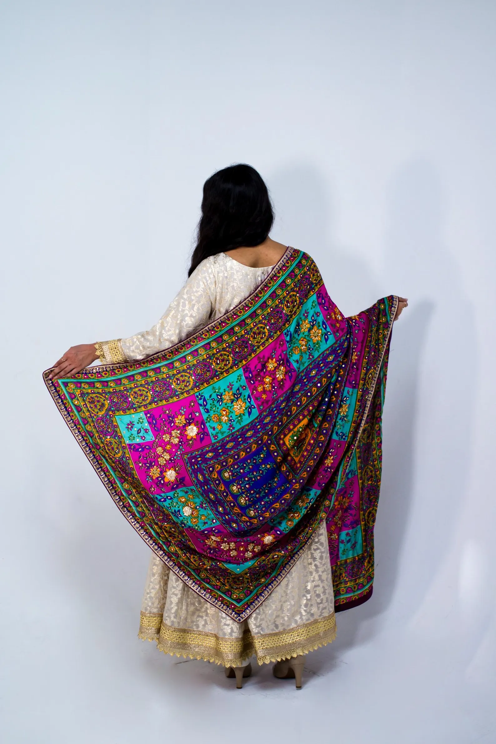 Multicolor Silk Dupatta with Glass Shine | Designer Print silk Indian Dupattas, Phulkari Dupatta, RAJSTHANI Mirror work Dupatta, Chunni - Image 5
