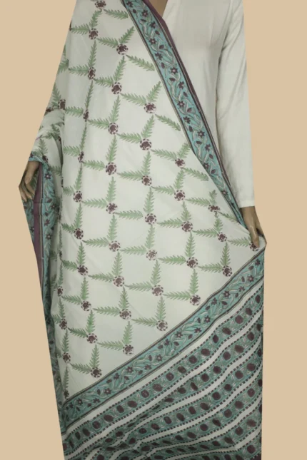 Floral Pattern on Cream Block Printed Mul Cotton Dupatta
