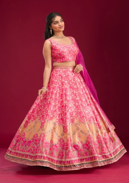 Rani Pink Swarovski Raw Silk Readymade Lehenga