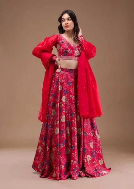 Red Print Satin Readymade Lehenga
