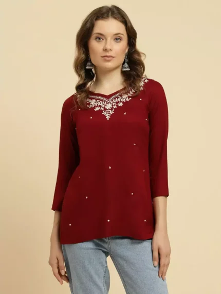 Maroon Kashmiri Silk Work Short Kurti
