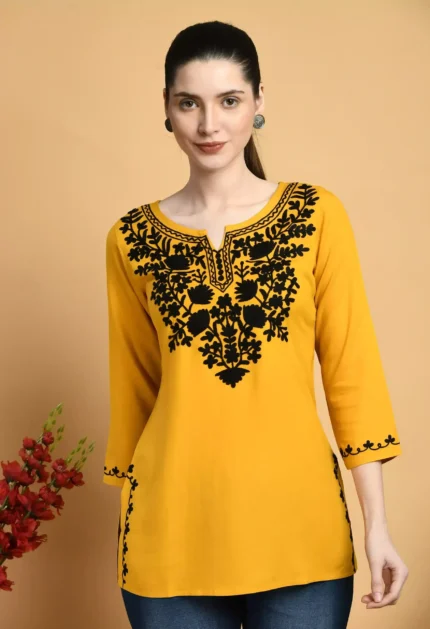 Mustard Colored Kashmiri Short Kurti