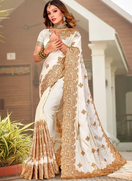 Off White Satin Blend Embroidered Saree Party Wear