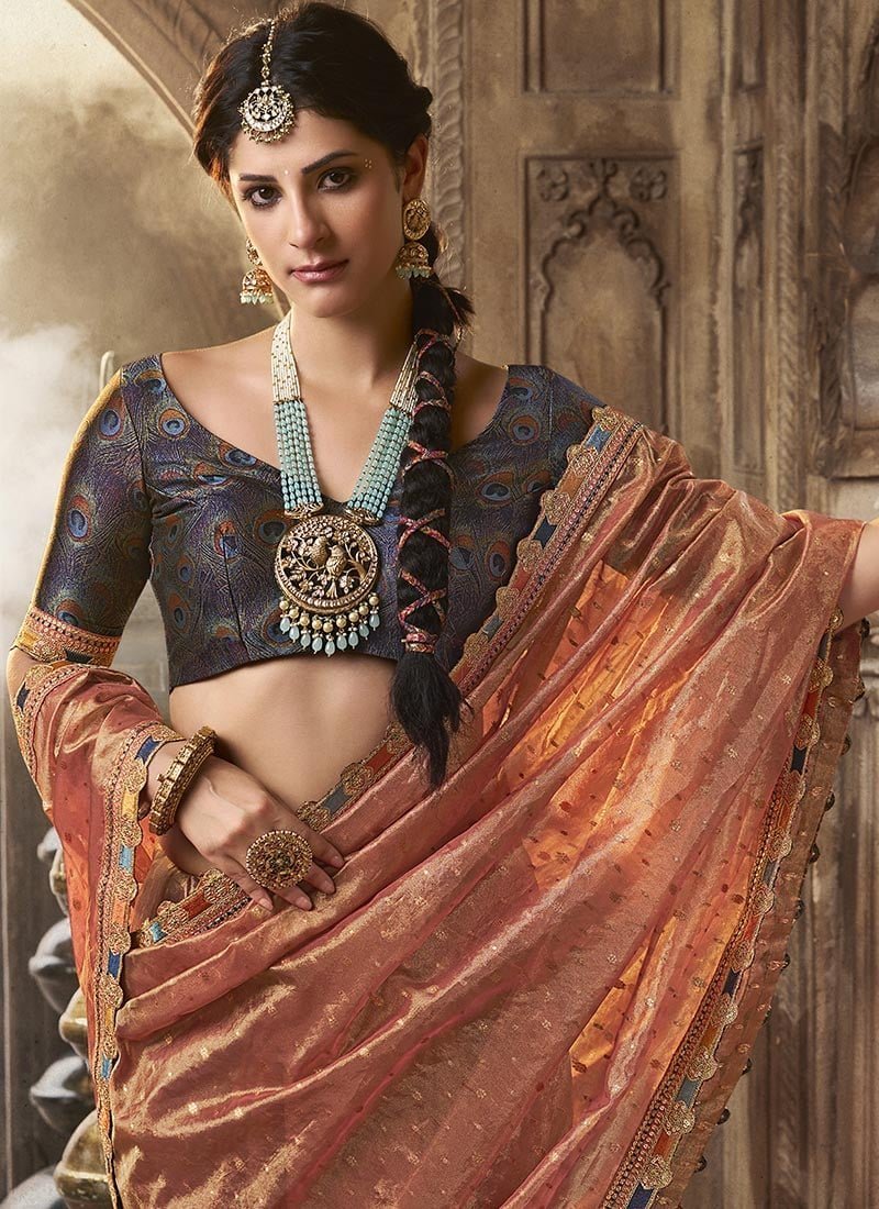 Peach Tissue Jacquard Zari Saree Festive Wear - Image 2