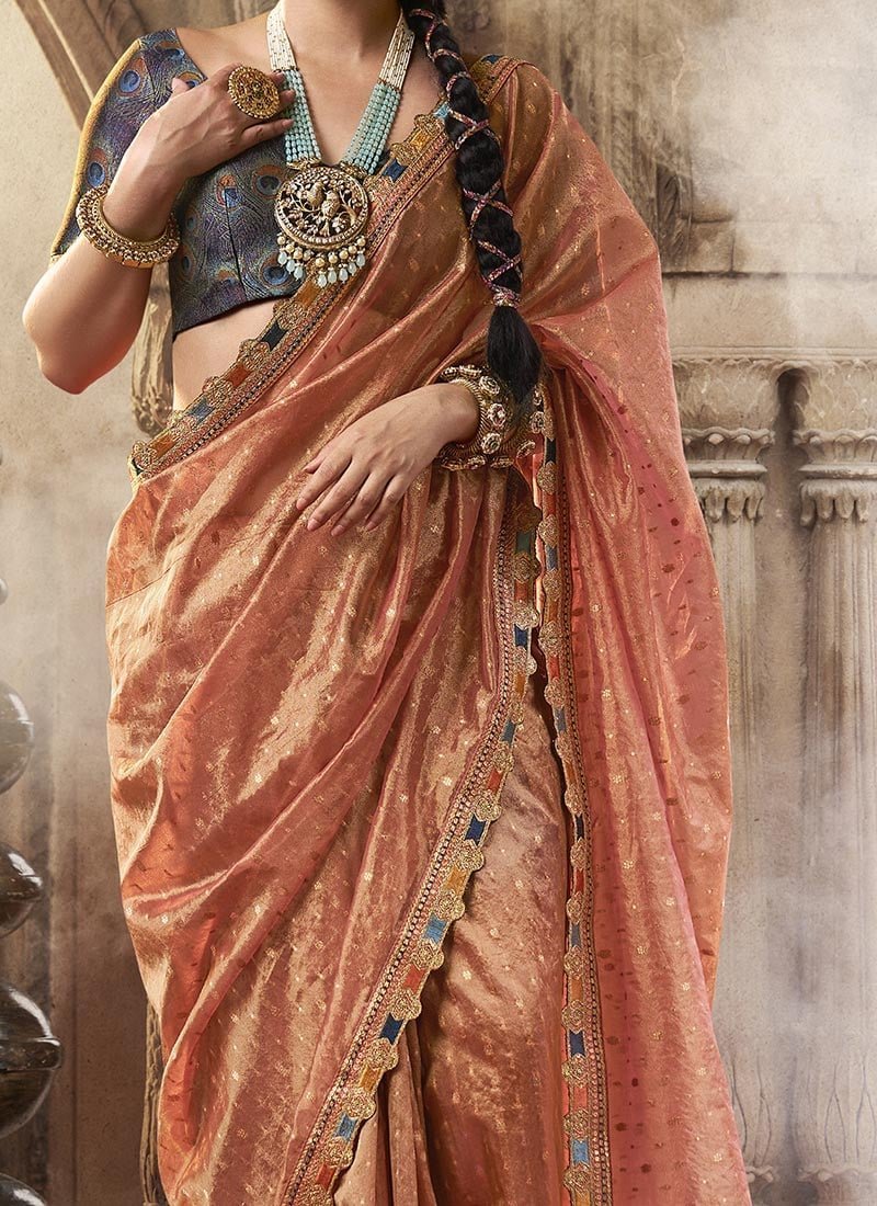 Peach Tissue Jacquard Zari Saree Festive Wear - Image 3