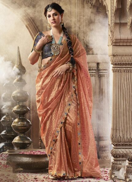Peach Tissue Jacquard Zari Saree Festive Wear