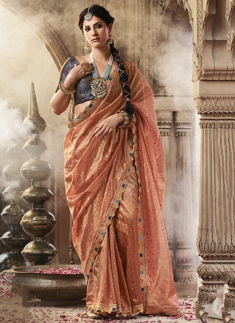 Peach Tissue Jacquard Zari Saree Festive Wear