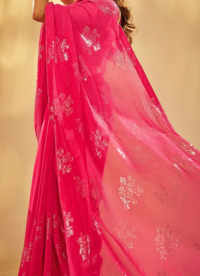 Pink Faux Georgette Sequins Sari Party Wear - Image 3