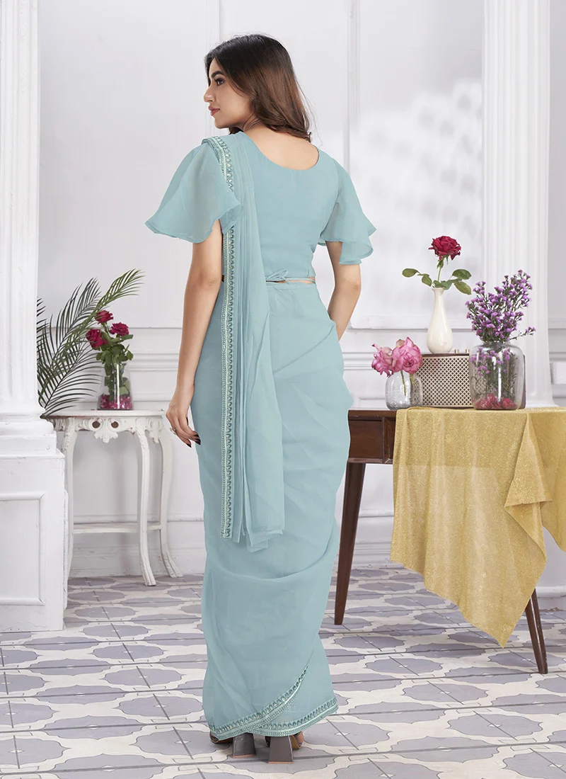 Powder Blue Georgette Embroidered Sequins Pre Draped Elegant Saree Party Wear - Image 2