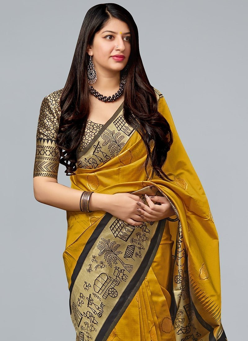 Stunning Mustard Banarasi Silk Saree Festive Wear - Image 2