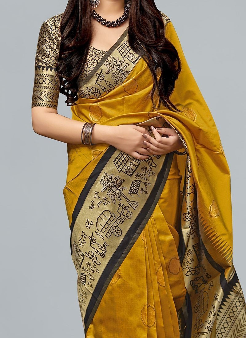 Stunning Mustard Banarasi Silk Saree Festive Wear - Image 3
