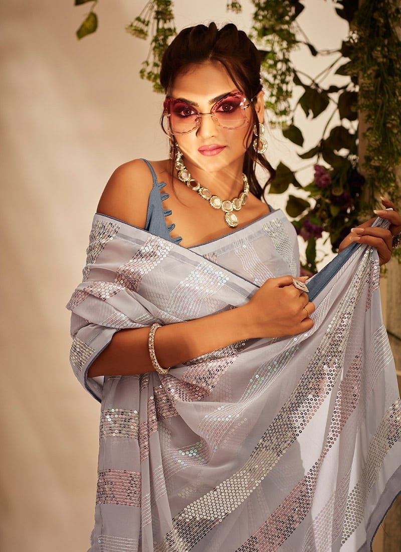 White Faux Georgette Sequins Sari Party Wear - Image 2