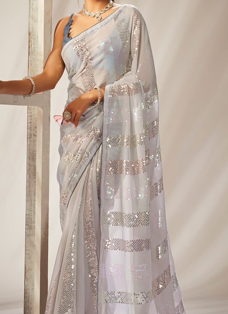 White Faux Georgette Sequins Sari Party Wear - Image 3