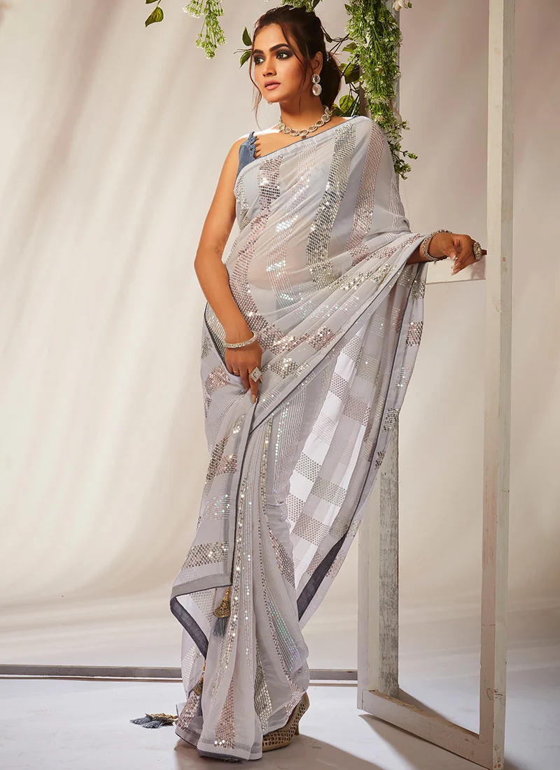 White Faux Georgette Sequins Sari Party Wear