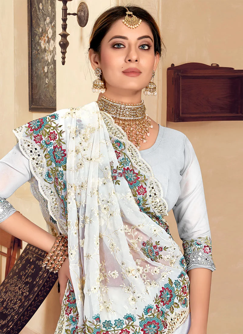 White Georgette Resham Embroidered Saree Party Wear - Image 2