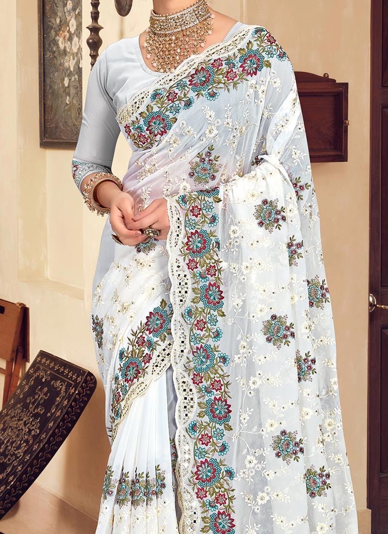 White Georgette Resham Embroidered Saree Party Wear - Image 3