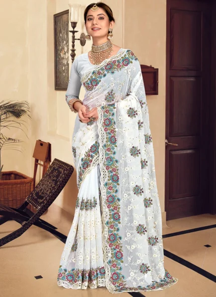 White Georgette Resham Embroidered Saree Party Wear