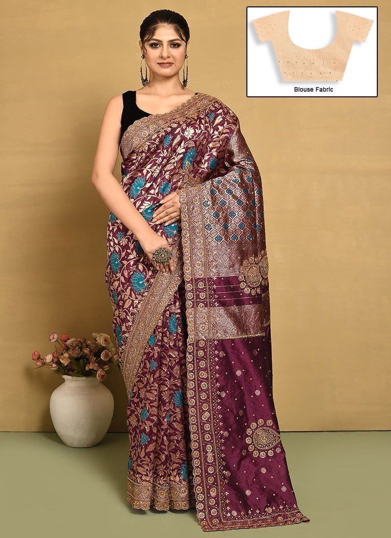 Wine Kancheepuram Silk Hand Embroidered Saree Wedding Wear