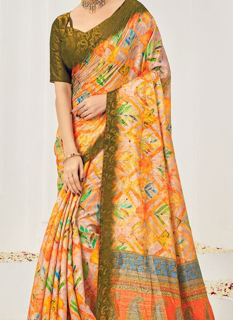 Women Jacquard Zari Woven Orange Digital Print Silk Saree With Blouse Festive Wear - Image 3