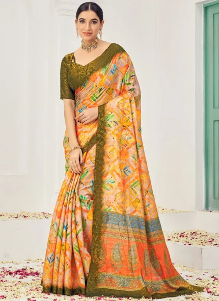 Women Jacquard Zari Woven Orange Digital Print Silk Saree With Blouse Festive Wear