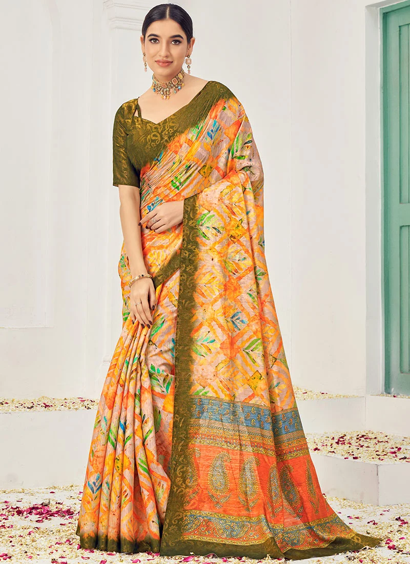 Women Jacquard Zari Woven Orange Digital Print Silk Saree With Blouse Festive Wear