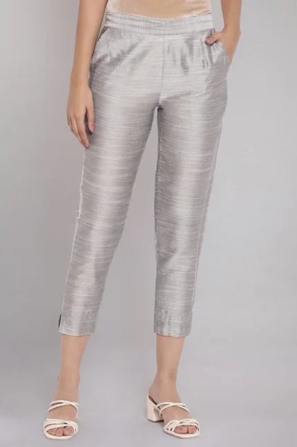 Silver Woven Trousers With Elasticated Waistband