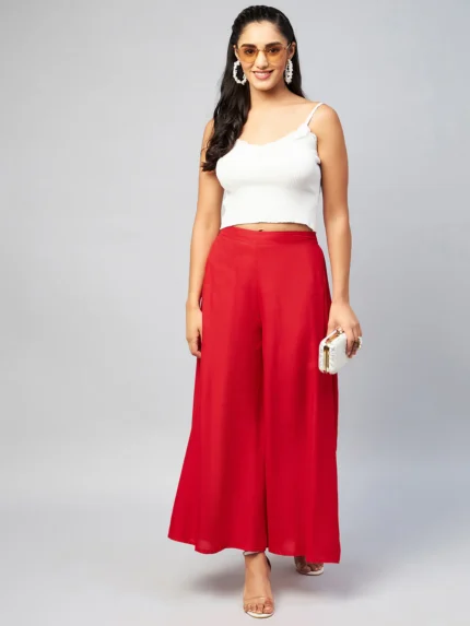 Viscose Rayon Solid Red Handloom Palazzo