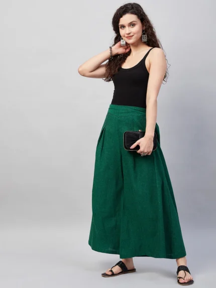 Bottle Green Smart Casual Handloom Palazzo