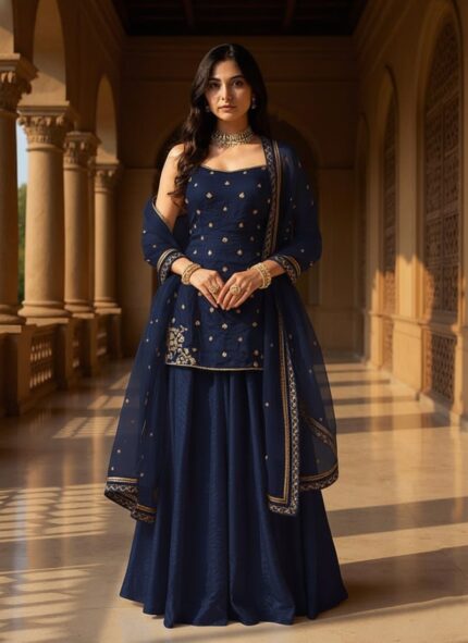 Blue Organza Sequins Moti Hand Embroidered Palazzo Suit Festive Wear