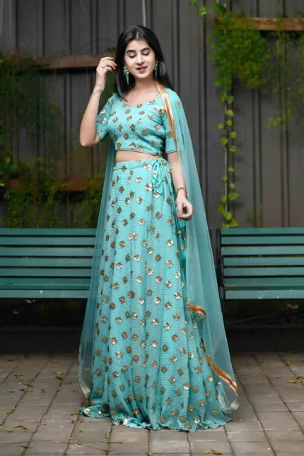 Sequin Ice Blue And Zari Work Lehenga Set