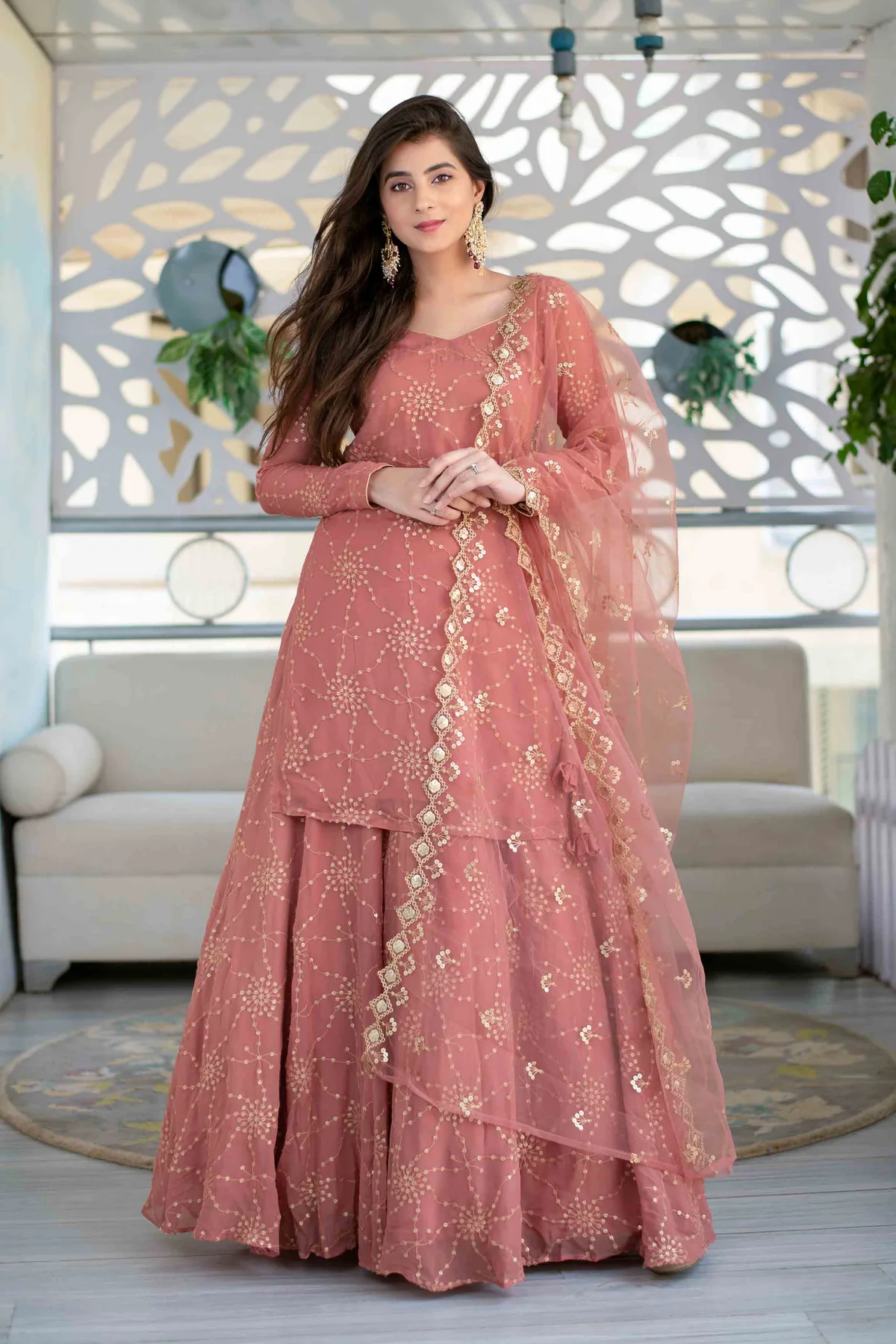 Mauve Long Kurta With Lehenga - Image 2
