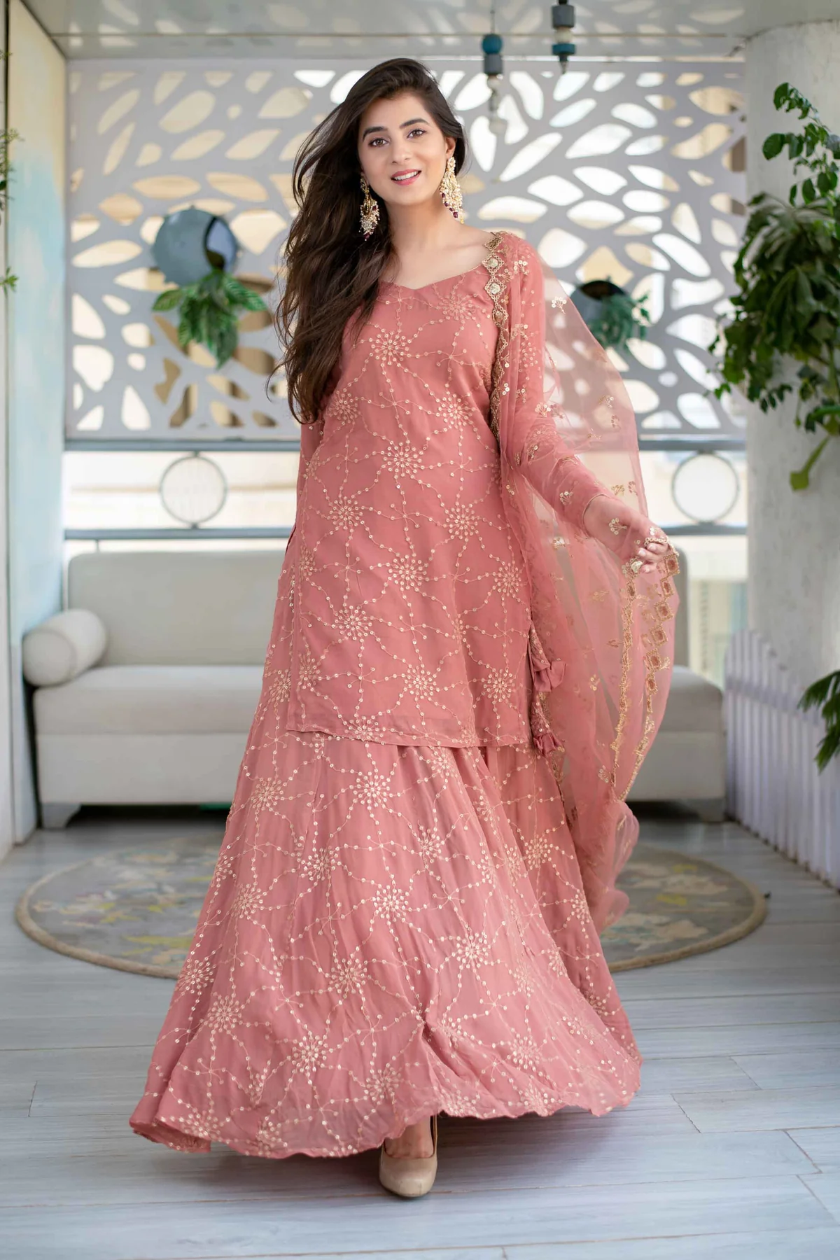 Mauve Long Kurta With Lehenga - Image 4