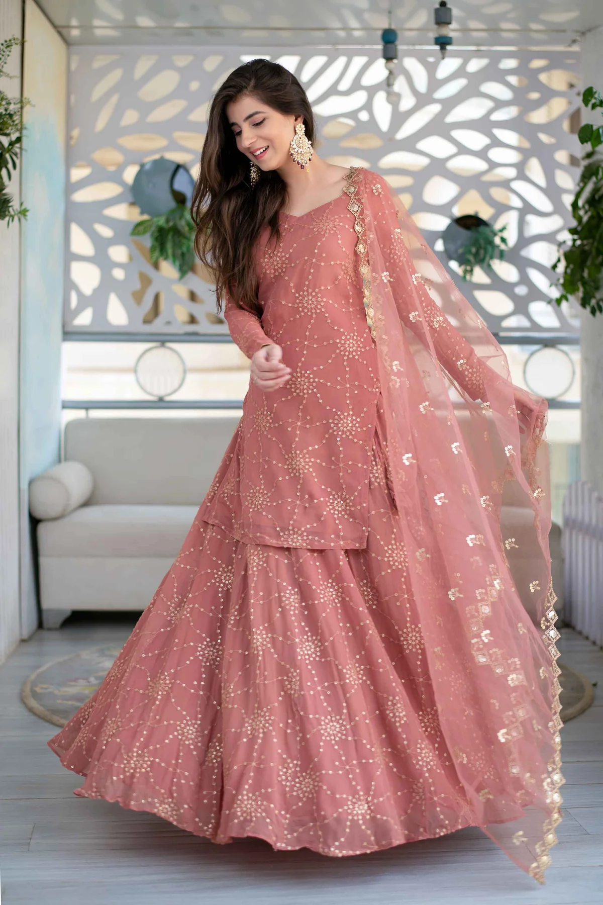 Mauve Long Kurta With Lehenga - Image 5